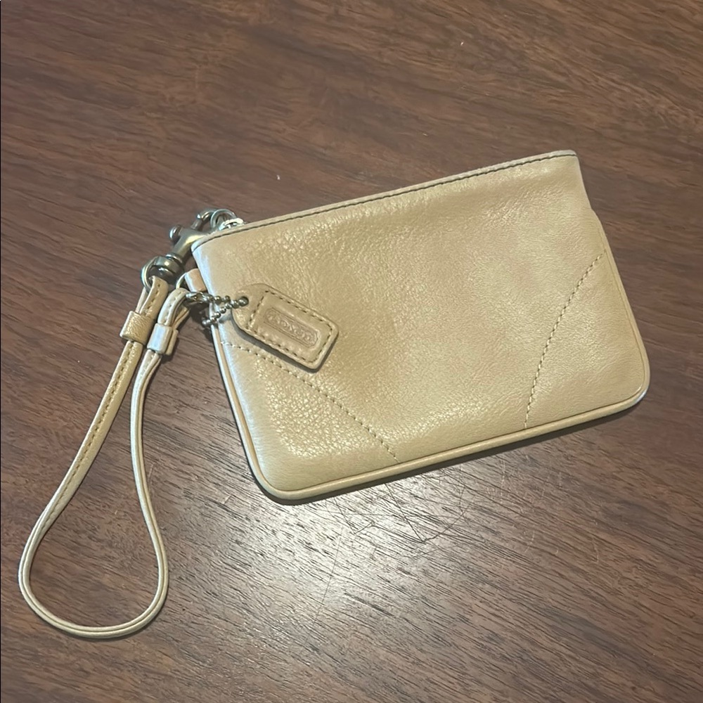 Coach Tan Leather Wristlet Clutch with Signature Embossing